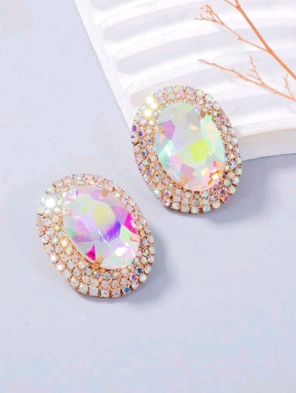 Aurora Rhinestone Oval Statement Earrings Iridescent Holographic
